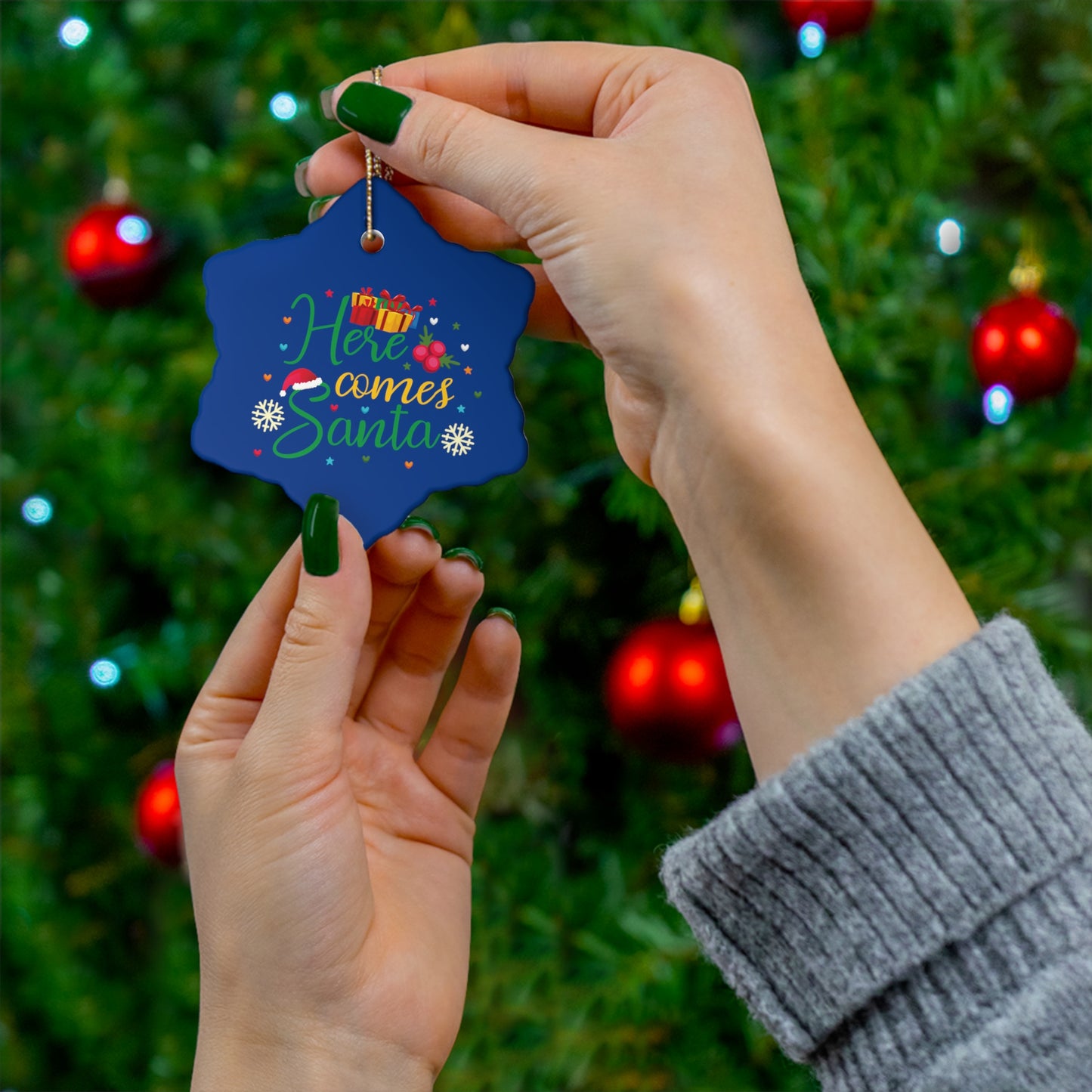 Here Comes Santa - Christmas Ceramic Ornament, 4 Shapes
