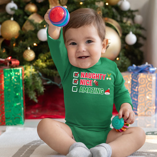 Naughty Nice Amazing, Christmas Long Sleeves, Christmas Bodysuits For Kids, Christmas Onesies, Christmas Bodysuits, Christmas Present