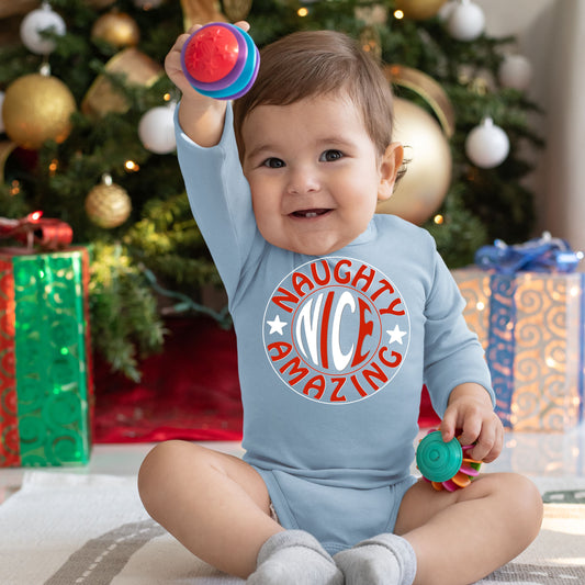 Naughty Nice Amazing, Christmas Long Sleeves, Christmas Onesies, Christmas Bodysuits, Christmas Bodysuits For Kids, Christmas Present