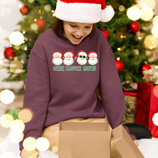 Here Comes Santa, Christmas Crewneck For Youth, Christmas Long Sleeves, Christmas Sweatshirt, Christmas Sweater, Christmas Present