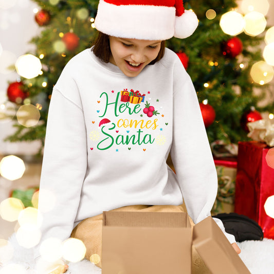 Here Comes Santa, Christmas Crewneck For Youth, Christmas Long Sleeves, Christmas Sweatshirt, Christmas Sweater, Christmas Present